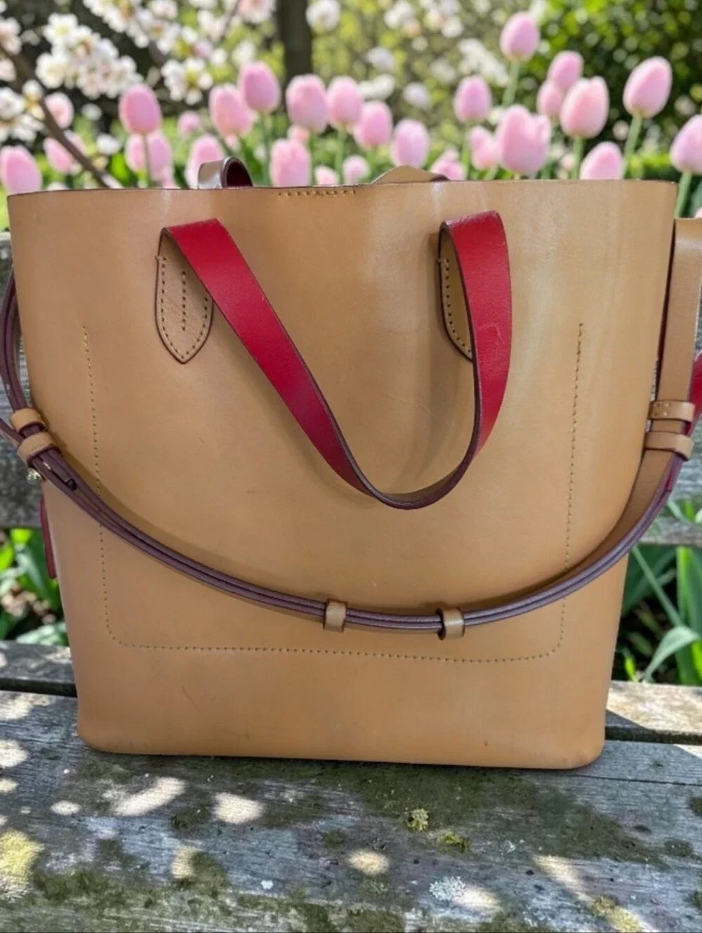 Dooney & Bourke Tan Leather Tote with White Wallet and Red Interior Accents
